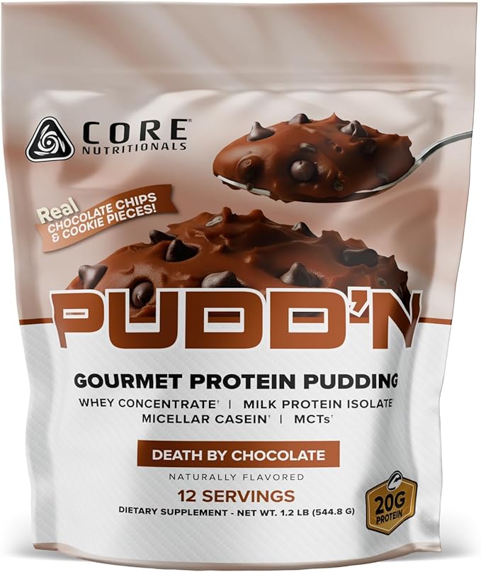 Core Nutritionals Pudd'n Gourmet Protein Pudding Mix | Whey &amp Casein Blend | MCTs &amp Digestive Enzymes | 20g Protein |Thick &amp Creamy Dessert | Real Food Inclusions |12 Servings (Death by Ch