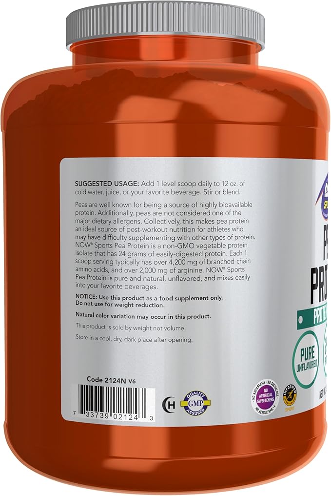 NOW Foods Sports Nutrition Pea Protein 24 g Fast Absorbing Unflavored Powder 7-Pound