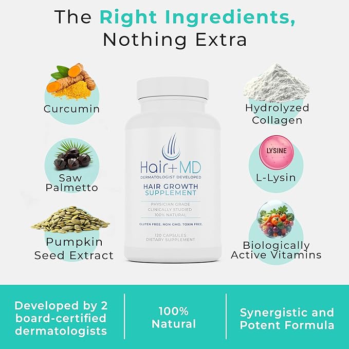 Hair Plus MD Hair Growth Supplement 120 Capsules – Supports Hair Growth &amp Density – Dermatologist-Developed with Collagen &amp Vitamins – Gluten-Free Toxin-Free Non-GMO – 1 Month Supply