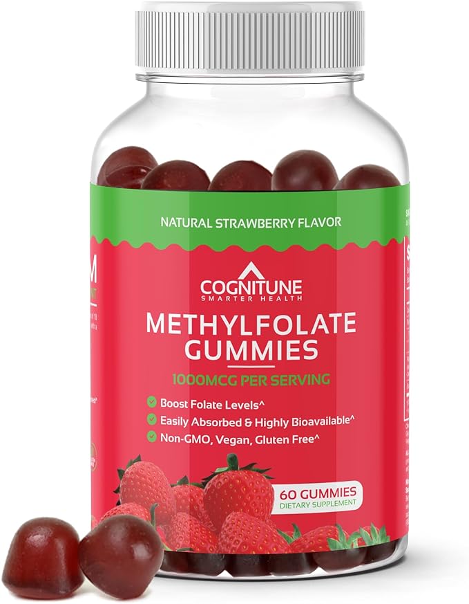 CogniTune Methylfolate Gummies - Easy to Take High Potency L-Methylfolate Folate Supplement for Brain Heart Health &amp Immunity Delicious Strawberry Flavor Non-GMO Vegan Gluten-Free