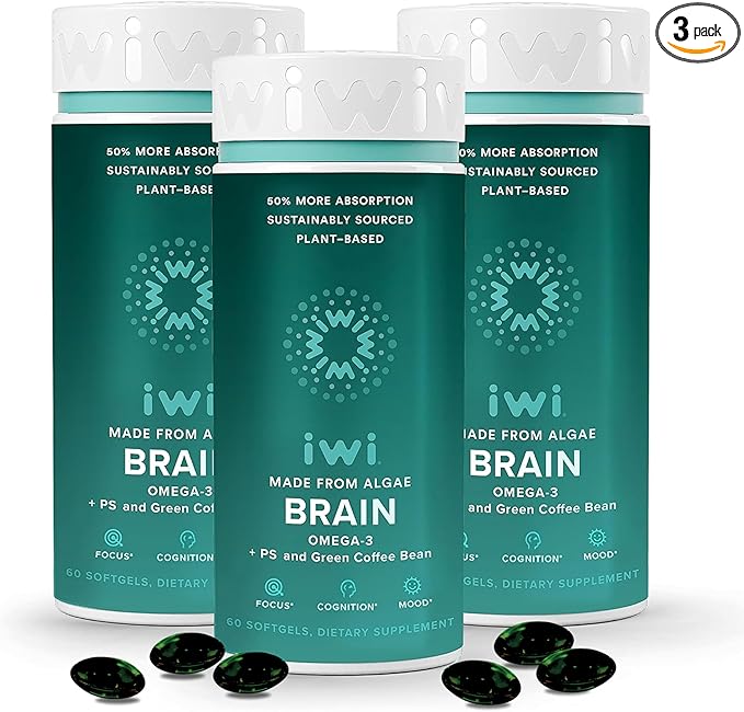 iwi life Brain Omega-3 180 Softgels (90 Servings) Vegan Plant-Based Algae Omega-3 with EPA + DHA Focus Memory and Mood Support Dietary Supplement Krill &amp Fish Oil Alternative No Fishy Aftert