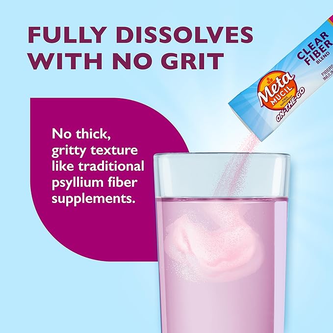 Metamucil Fiber Supplement Clear Mixing Fiber Powder Stick Packs Mixed Berry Flavor On The go Plant Based Prebiotic Fiber Supplement Blend for Daily Digestive Health 21 Stick Packs
