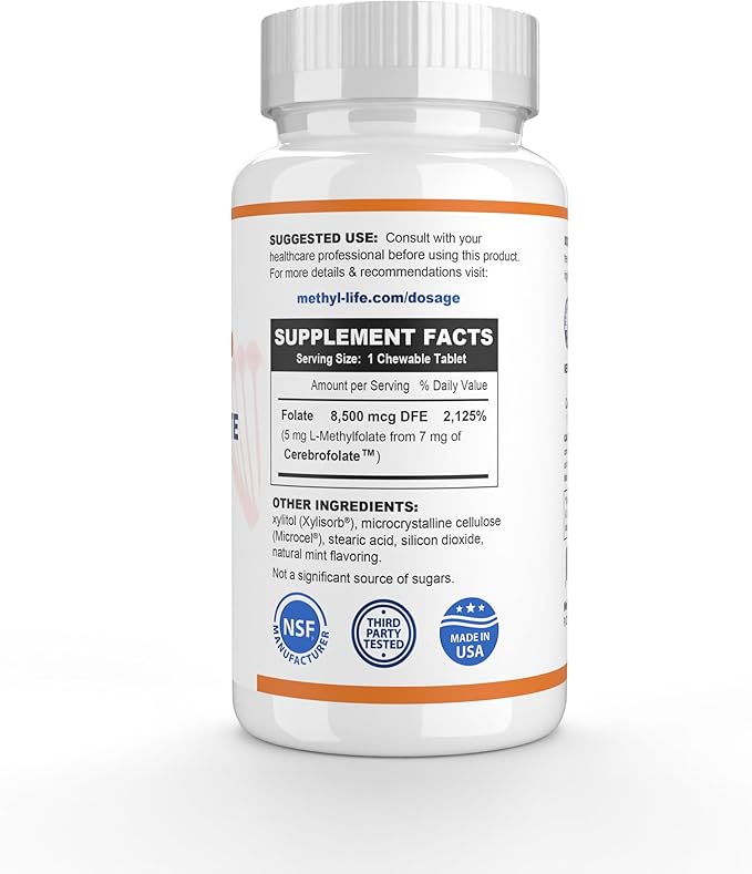 Methyl-Life® L-Methylfolate 5 mg - Chewable Active Folate Tablets with ultrapure Form of Cerebrofolate® (L-5-MTHF Calcium) | Vegan Non-GMO Gluten-Free | 90 Chewable Tablet