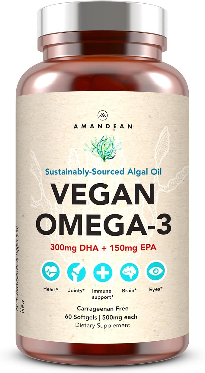 AMANDEAN Vegan Omega 3 Supplement. Premium Fish Oil Alternative. Algae DHA &amp EPA. Carrageenan Free Softgels. Algal Essential Fatty Acids. Plant Based Heart Brain Eye Skin Immune Support. (60ct