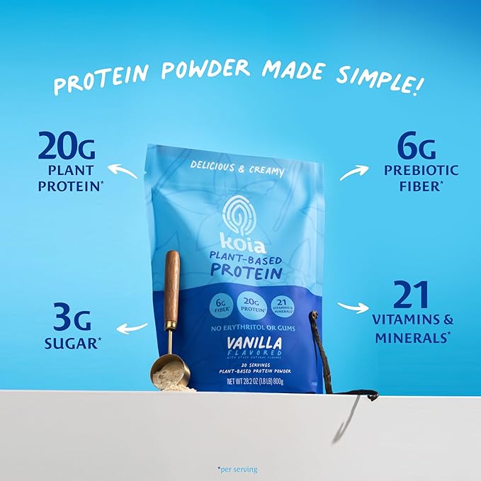 Koia Plant Based Protein Powder Vanilla 20g Protein 3g Sugar 6g Prebiotic Fiber Pre &amp Post Workout 21 Vitamins &amp Minerals No Seed Oils Dairy-Free Gluten-Free Non-GMO 20 Servings 28
