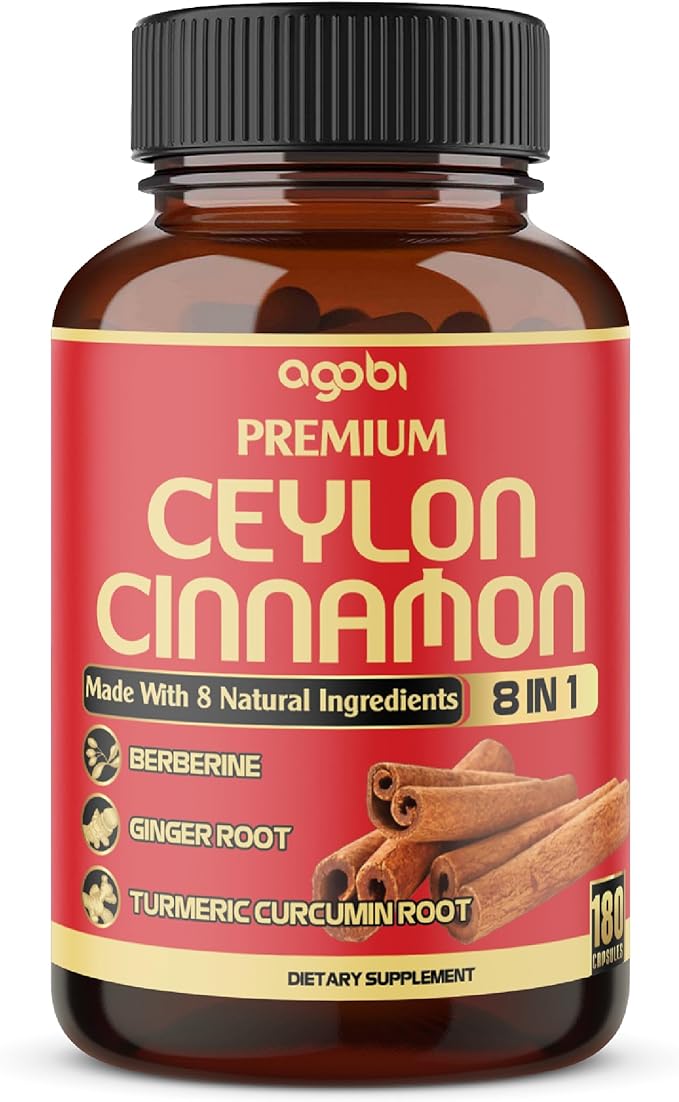 Premium Ceylon Cinnamon with Berberine Supplement - 8in1 Turmeric Ginger Gymnema &amp More - Body Heart &amp Overall Vitality - 180 Capsules
