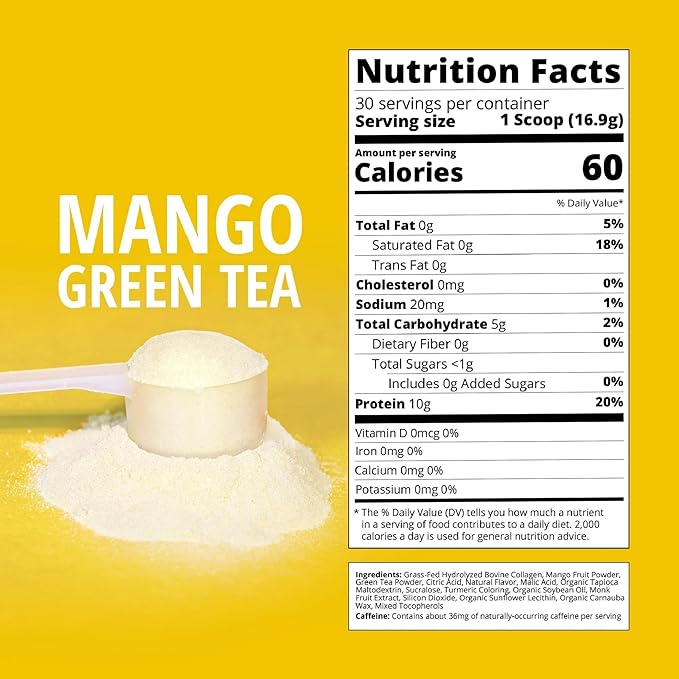 Mango Green Tea Flavored Collagen | 30 Servings | Grass-Fed Hydrolyzed Bovine Collagen Powder for Men and Women | Promotes Hair Nail Skin Bone and Joint Health | No Added Sugar