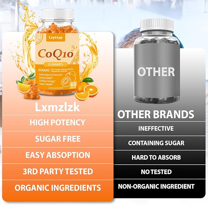 CoQ10 Oranges Gummies 500mg-3X Better Absorption Coenzyme Q10 Supplements - Plus Omega-3 Magnesium Vitamin B3 &amp Zinc for Heart Health Cellular Energy &amp Antioxidant Vegan Non-GMO 120 Ct (2