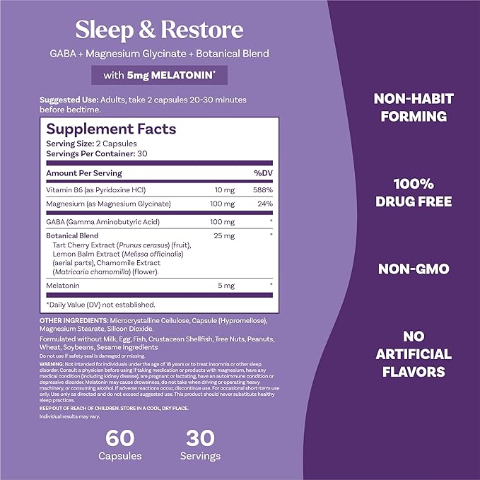 Natrol Sleep &amp Restore Capsules - Calm Magnesium GlycinateMagnesium Sleep Aid with GABAMelatonin 5mgBotanical Blend30 Day Supply(Pack of 2)
