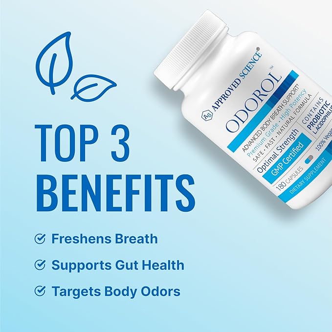 Approved Science Odorol - 180 Capsules - Freshen Bad Breath and Body Odor - Contains L.acidophilus Green Tea Magnolia Bark Peppermint Oil and Fennel - Pack of 2
