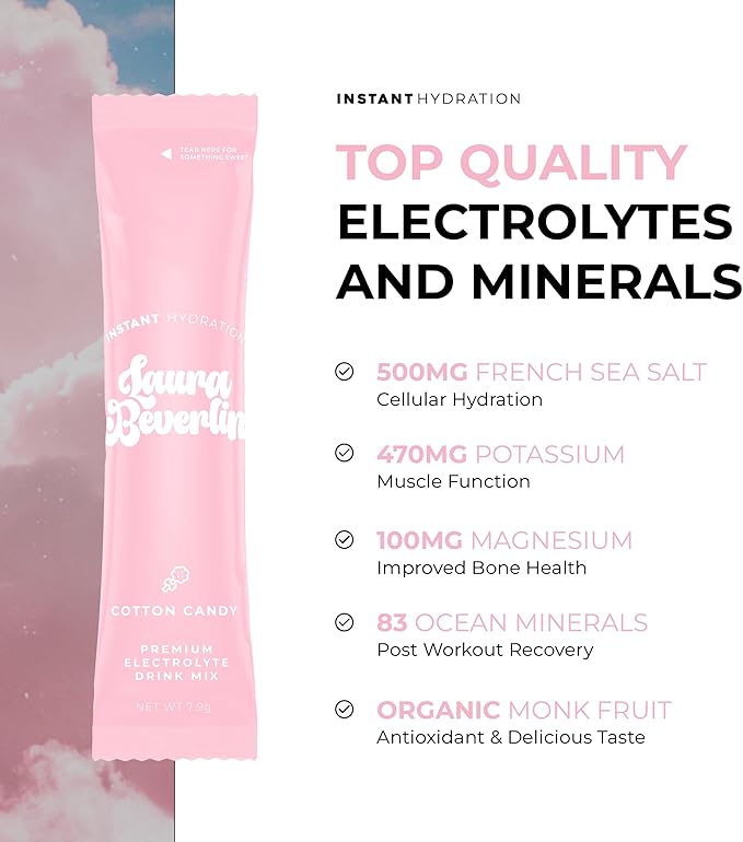 Instant Hydration Electrolytes Powder Packets - Cotton Candy Drink Mix - Zero Sugar - Keto Vegan Gluten-Free Non-GMO - Boost Recovery Brain Health Muscle &amp Tissue Support- 30 Sticks