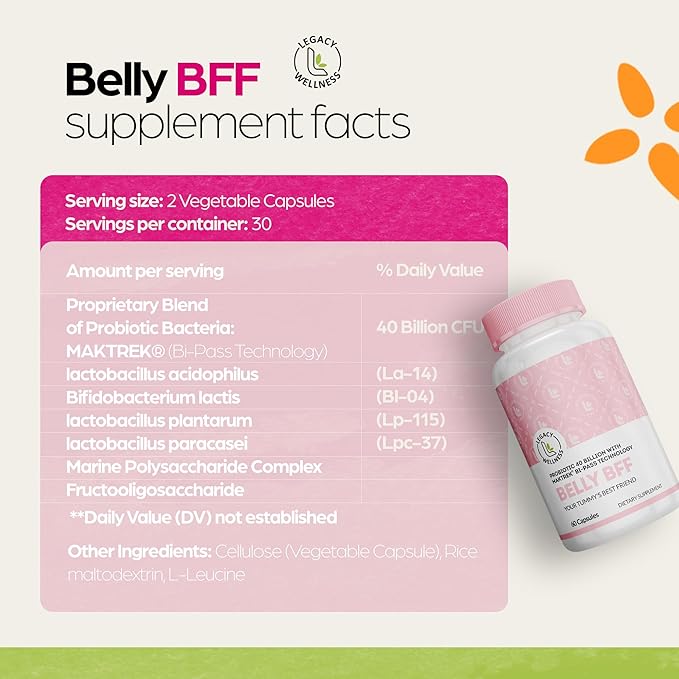 BELLY BFF Probiotic Supplement - 40 Billion CFU Daily Gut Health Complex Support - Astragalus &amp Lactobacillus Acidophilus Digestive Health Probiotics for Women &amp Men - 60 Vegan Shelf Stable Ca