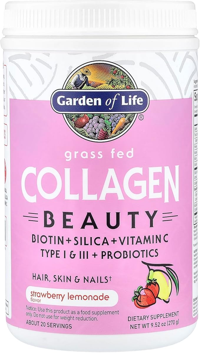 Garden of Life Grass Fed Collagen Beauty - Strawberry Lemonade 20 Servings Powder for Women Men Hair Skin Nails Hydrolyzed Collagen Peptides Protein Powder Supplement
