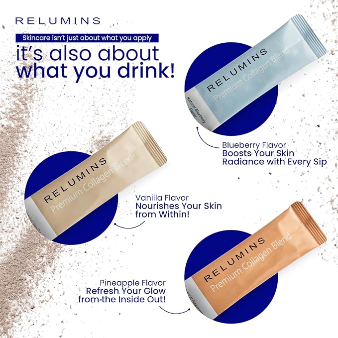 Relumins Premium Collagen &amp Gluta-1000 Bundle - 10 Sachets of Marine Collagen (Blueberry Flavor) + 60 Vegetarian Capsules - Supports Skin Health &amp Wellness