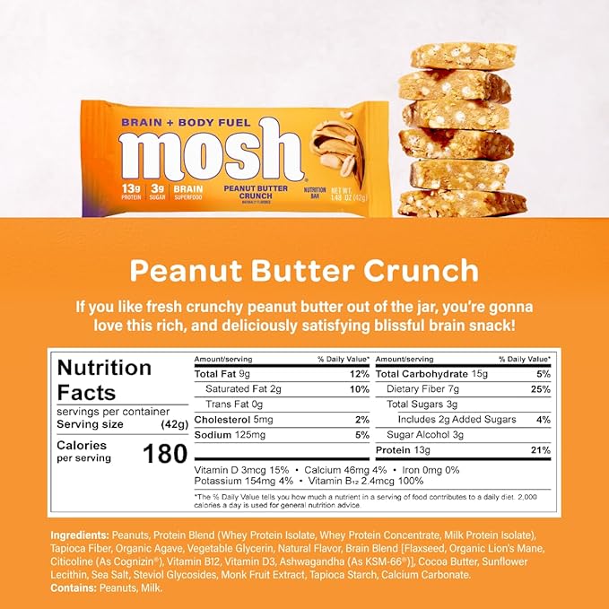 MOSH Variety Pack Keto Protein Bars High Fiber Low Carb Gluten Free High Protein Brain Healthy Snack with Ashwagandha Lion's Mane 15 Count