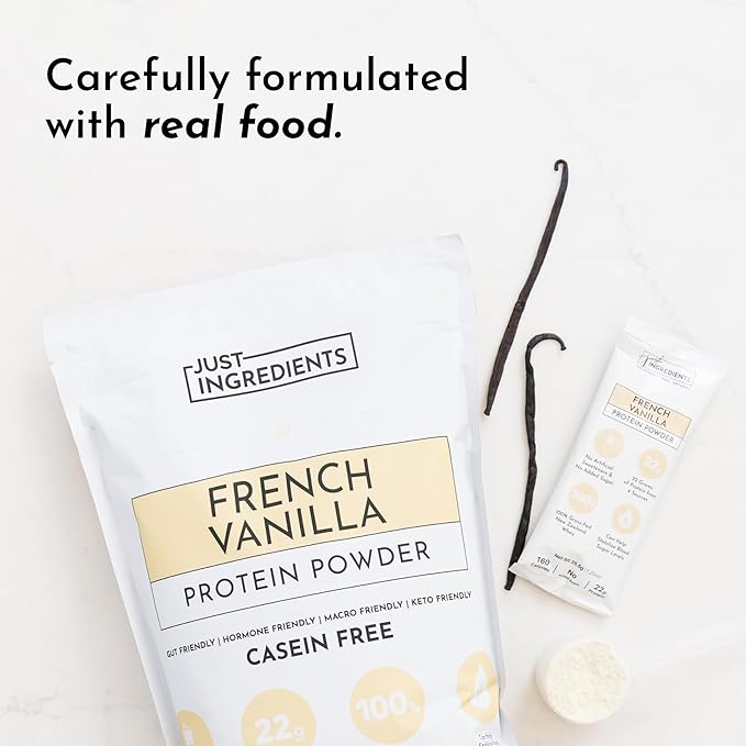 JUST INGREDIENTS French Vanilla Protein Powder – 30 Serving Bag – Grass-Fed Whey &amp Plant Protein Blend with Real Vanilla Bean – Sweetened with Coconut Sugar &amp Monk Fruit Non-GMO Gluten-Free