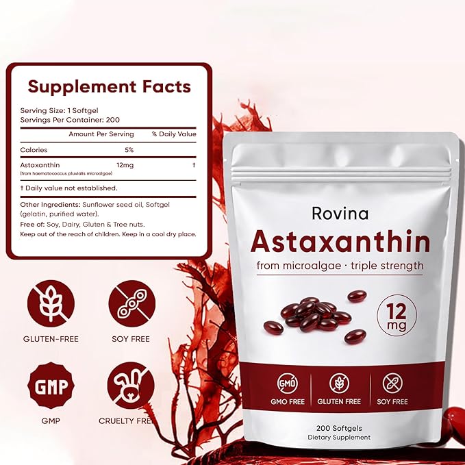 Rovina Astaxanthin Astaxanthin 12mg Antioxidant Supplement for Daily Wellness Immune Eye &amp Skin Support Non-GMO Gluten Free - 200 Softgels (1)