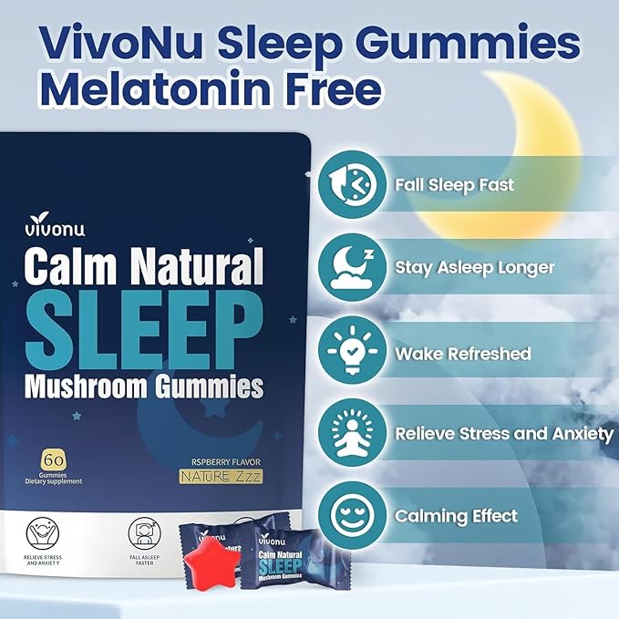 VivoNu Sleep Gummies for Adultswith L-Theanine Magnesium Reishi MushroomValerian Root Passionflower | Non-Habit Forming Sleep Aid | Non-GMO Sleep Gummies Melatonin Free | Raspberry Flavor (60pcs)