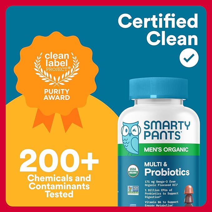 SmartyPants Multivitamin for Men Organic Gummies: Probiotics CoQ10 Methylfolate Omega 3 (ALA) Vitamin D3 C Vitamin B12 B6 A K &amp Zinc for Immune Support Biotin 120 Gummies (30 Day Suppl
