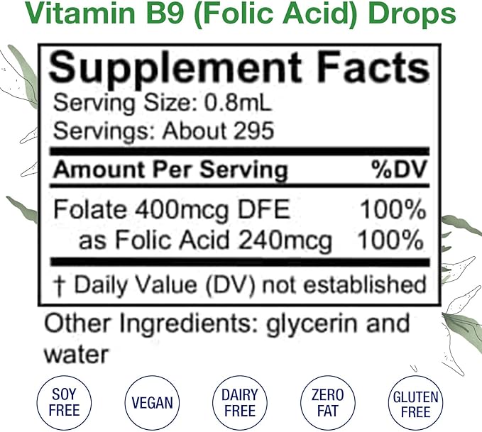 HoneyCombs Vitamin B9 Liquid Drops - High Potency Liquid Vitamin B9 Folic Acid Supplement for Women - Maintain Healthy Liver Pregnancy &amp Overall Health - Cold Pressed Vegan Vitamins Drops (8 Fl