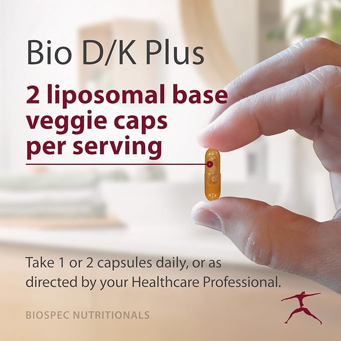 BIOSPEC NUTRITIONALS Bio D/K Plus - Vitamin D3 + K2 with 5000 IU of D3 and 200 mcg of Vitamin K2 (MK-7) in a lipsomal Base for Enhanced Absorption (60 Capsules)