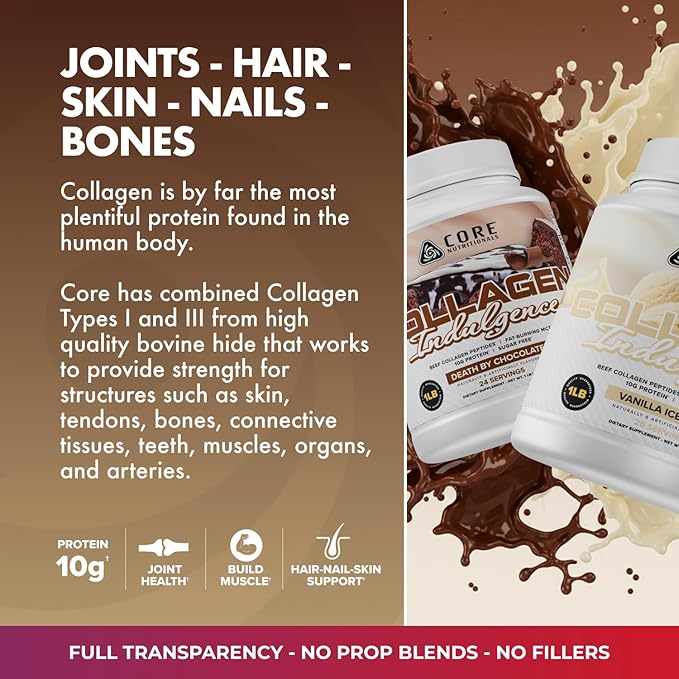 Core Nutritionals Collagen Indulgence | Hydrolyzed Collagen Peptides Type I &amp III | MCTs &amp Digestive Enzymes| Hair Skin &amp Nails | Bone &amp Joint Support | 24 Servings | 1 Pound (Vanill