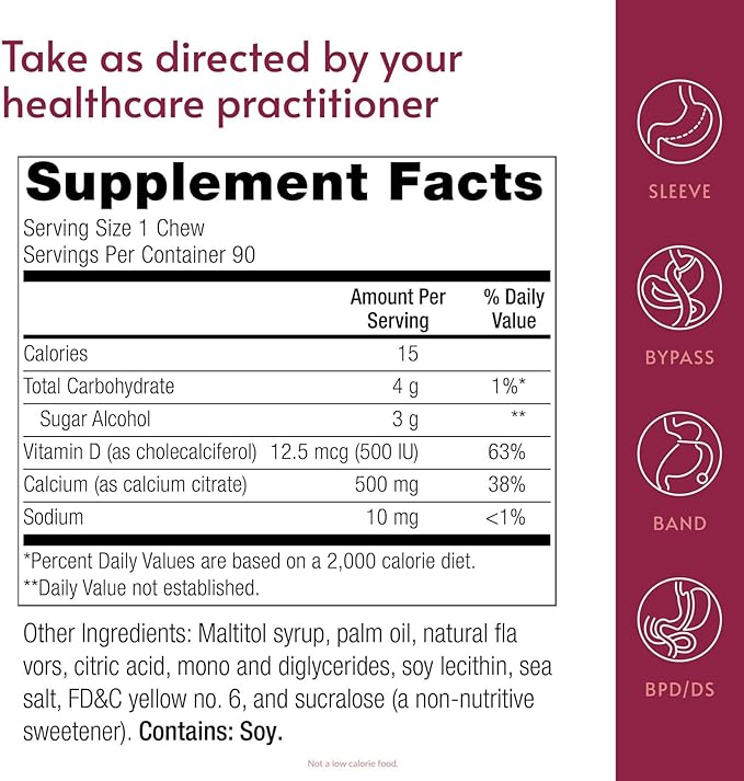 Bariatric Advantage Calcium Citrate Chewy Bites 500 mg - Highly Absorbable &amp Digestible - Vitamin D3 - Easily Chewable Calcium Supplement - Tropical Orange - 90 Count