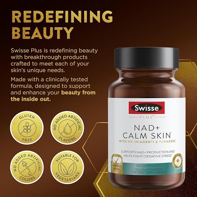 Swisse Plus NAD+ Calm Skin | Clinically Tested NAD+ Supplement | Supports Balanced Healthy Skin | Anti-Aging Supplement for Women &amp Men | 30 Capsules