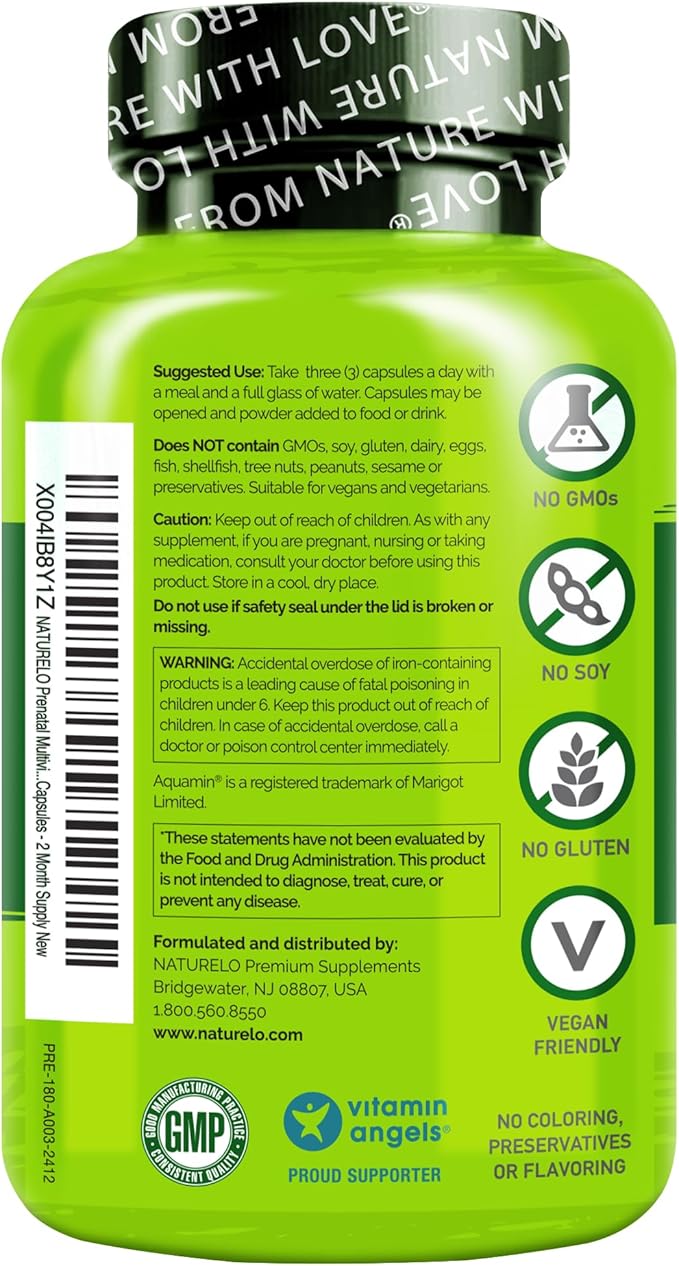 NATURELO Prenatal Multivitamin with Gentle Chelated Iron Methyl Folate Plant Calcium &amp Choline - Vegan Vegetarian - Non-GMO - Gluten Free - 180 Capsules - 4 Month Supply (Pack of 2)