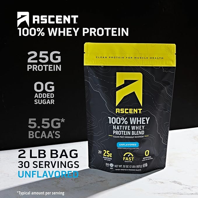 Ascent 100% Whey Protein Powder Unflavored 2 lb &amp Creatine Monohydrate Powder Unflavored 45 Servings