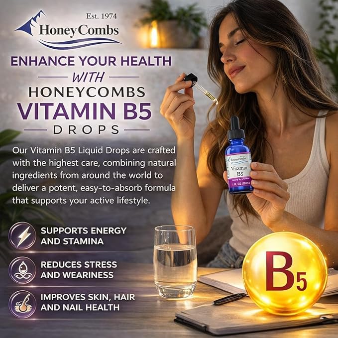 HoneyCombs Vitamin B5 Liquid Drops Pantothenic Acid 500% DV Liquid B5 Supplement Vegan Vitamin B Complex Liquid Fast Absorbing Vitamin Drops Daily Nutritional Support for Adults 1oz