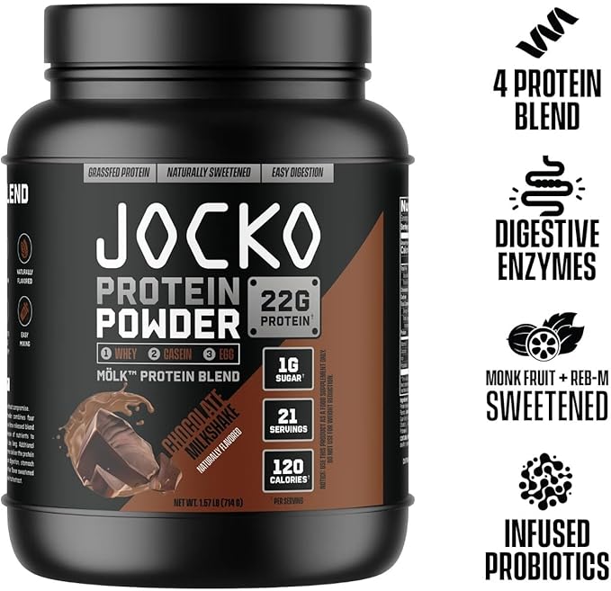 Jocko-Mölk Protein Powder 21 Servings - Grass-Fed Whey Micellar Casein Egg Protein Blend with Digestive Enzymes Probiotics Sugar-Free Soy-Free Gluten-Free (1.48 lbs Chocolate)