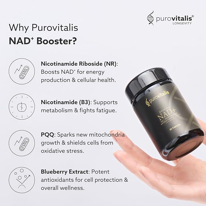 PUROVITALIS NAD+ Supplement NAD with Nicotinamide Riboside (NR) Vitamin B3 PQQ and Anthocyanin Cellular Energy Booster High Purity 1-Month Supply (30 Vegan Capsules)