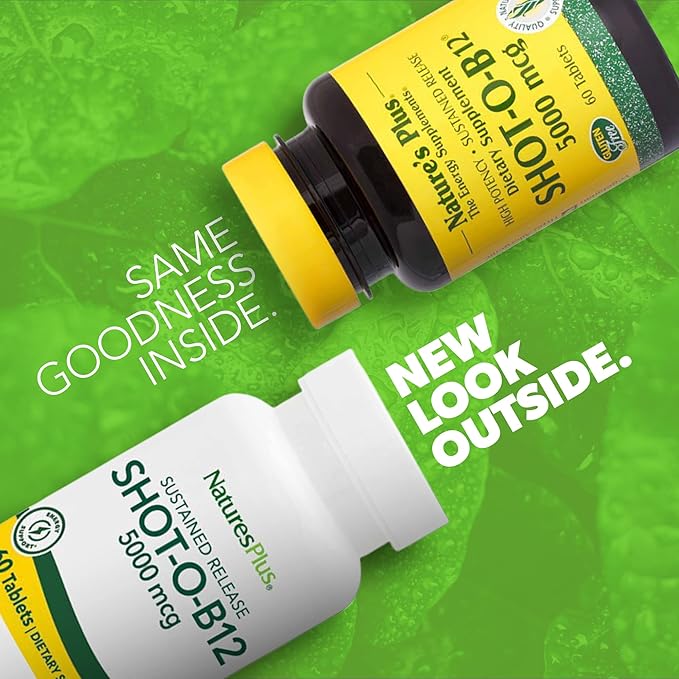 NaturesPlus Shot-O-B12 5000 mcg - 60 Sustained Release Tablets - Supports Energy Production - Vegetarian Gluten Free - 60 Servings