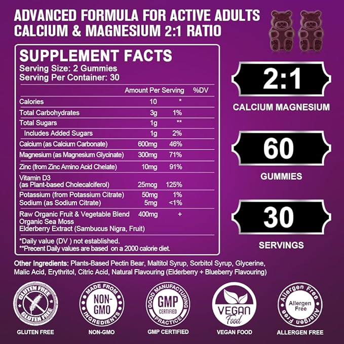 Calcium Magnesium Zinc Gummies with High Absorption Magnesium Glycinate 300mg Potassium - Plant Complex Calcium Magnesium 2:1 Ratio with D3 Sea Moss for Bone Immune &amp Sleep Support Vegan-2 Pac