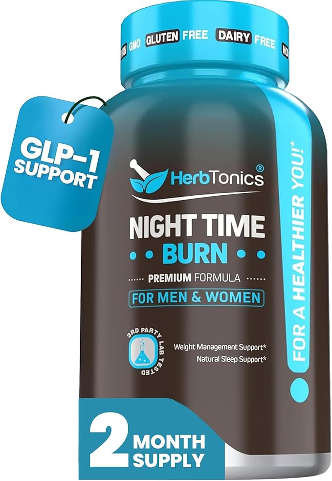 Herbtonics Night Time Burn &amp Sleep Complex Supports Overnight Metabolism Stress Relief &amp Deep Sleep. Includes Melatonin Valerian and Green Tea – Vegan Bedtime Weight Management (60 Capsules)
