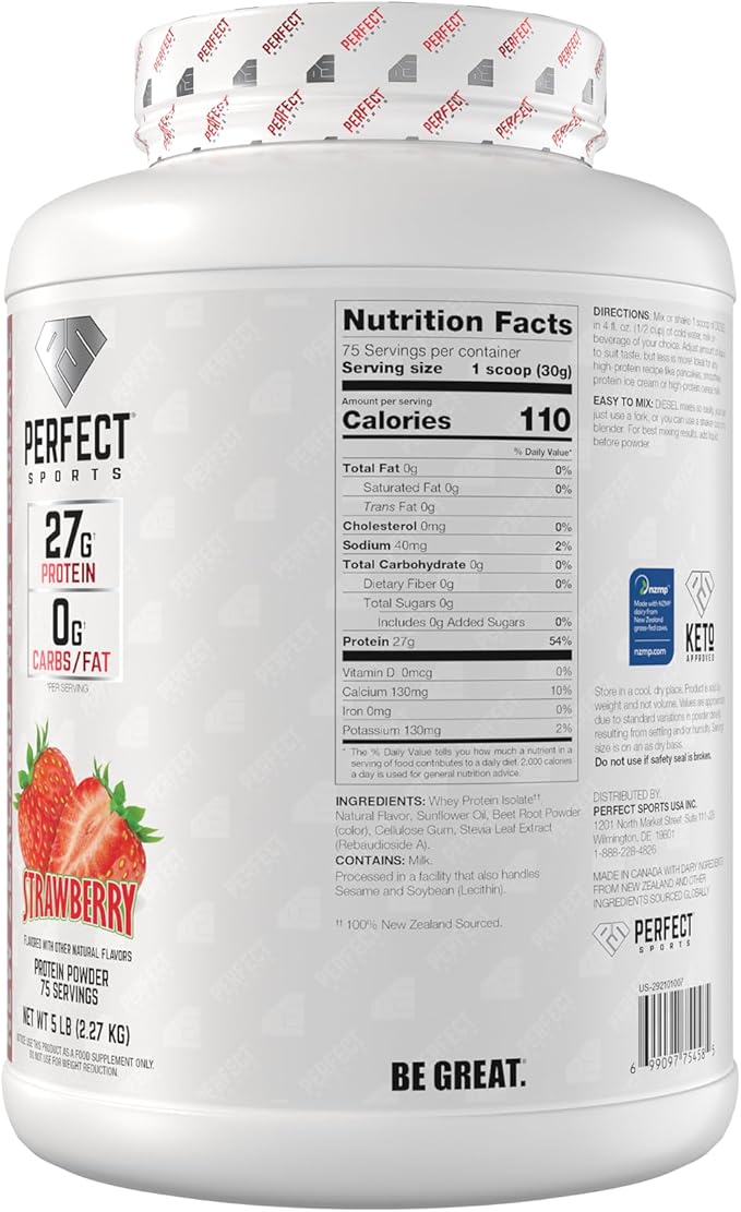 PERFECT SPORTS Diesel 100% New Zealand Whey Protein Isolate | Stevia Sweetened No Artificial Ingredients Keto | 0g Carb 0g Fat 27g Protein | 5 Pounds (Strawberry)