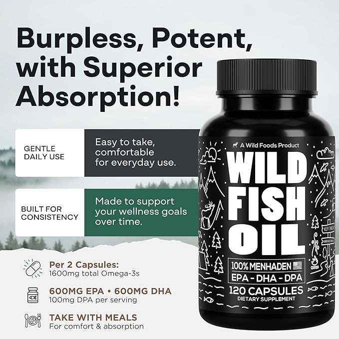 Wild Foods Omega 3 Fish Oil Supplement 120 Capsules (2 pk) | Wild Caught Burpless Odorless Non-GMO Gluten Free | DPA DHA EPA Triple Strength Joint Nutrition for Women &amp Men