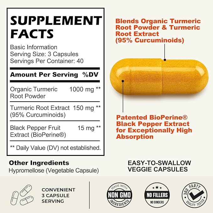Turmeric Curcumin Supplement 1000mg with Black Pepper Extract High Absorption Turmeric Supplement with 95% Curcuminoids for Body Support Gluten Free 120 Capsules with Curcuma Ginger MCT Oil