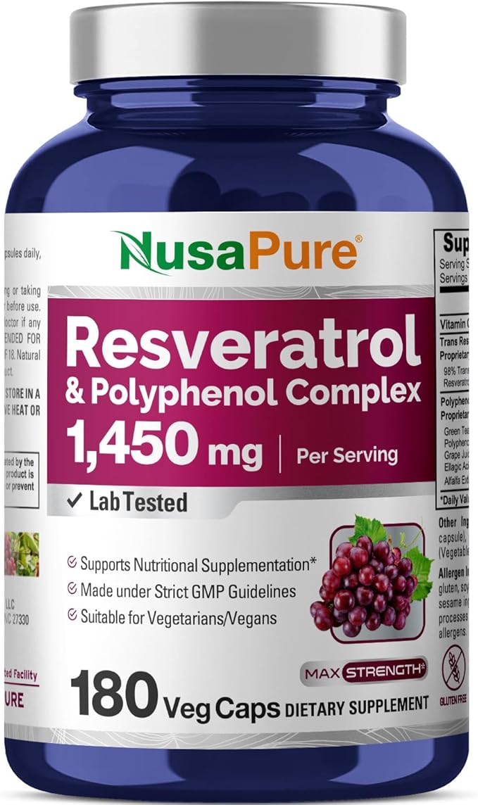 NusaPure Resveratrol &amp Polyphenol Complex 1450mg 180 Vegetarian Caps (Non-GMO Vegan) Vitamin C