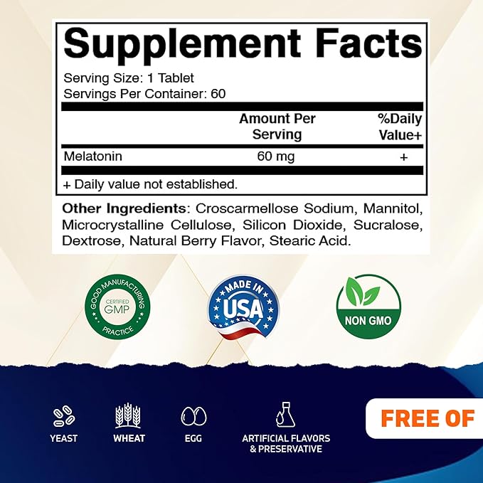Vitamatic Melatonin 60 mg Fast Dissolve Tablets - 60 Vegan Natural Berry Flavor Tablets - Non-Habit Forming - Non-GMO Gluten Free (1 Bottle)