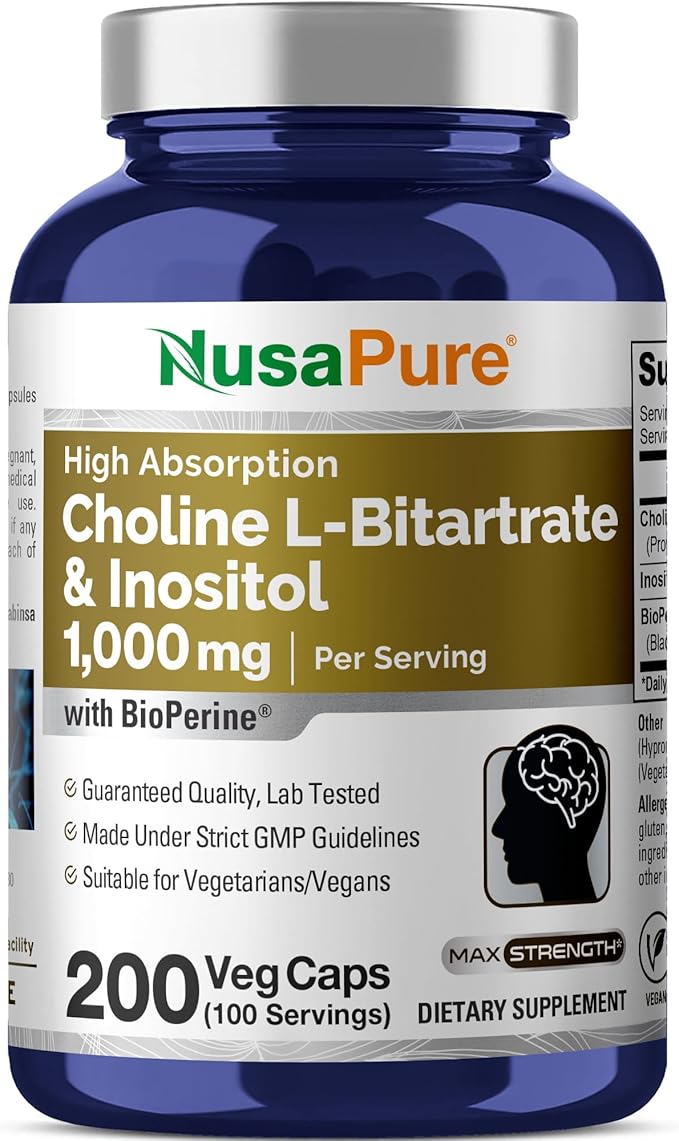NusaPure Choline &amp Inositol - Suitable for Vegetarian/Vegan Non - GMO - 1000mg - 200 Veggie Capsules