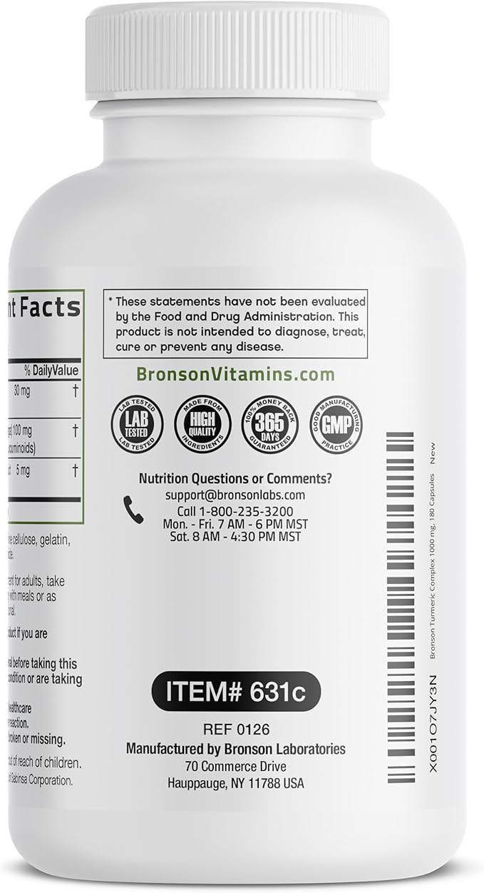 Bronson Turmeric Curcumin with BioPerine - High Potency Premium Joint Support with 95% Standardized Curcuminoids - Non-GMO Capsules with Black Pepper - 180 Count