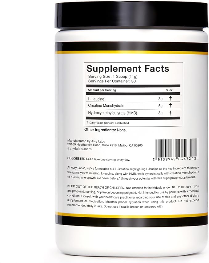 L-CREATINE Supplement: Creatine Monohydrate w/Leucine Amino Acid and HMB – Supports Muscle Mass Strength Recovery &amp Performance + Reduce Fat – Vegan 11oz (330g) Powder