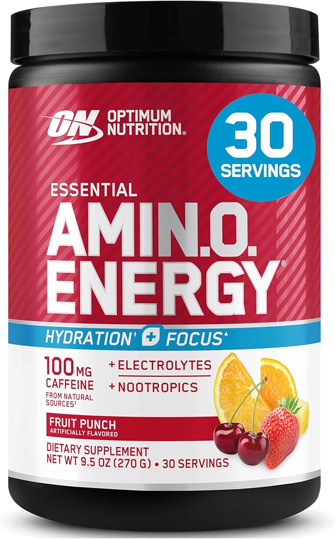Optimum Nutrition Amino Energy Powder Plus Focus with BCAA Electrolytes and Caffeine Fruit Punch 30 Servings (Packaging May Vary)