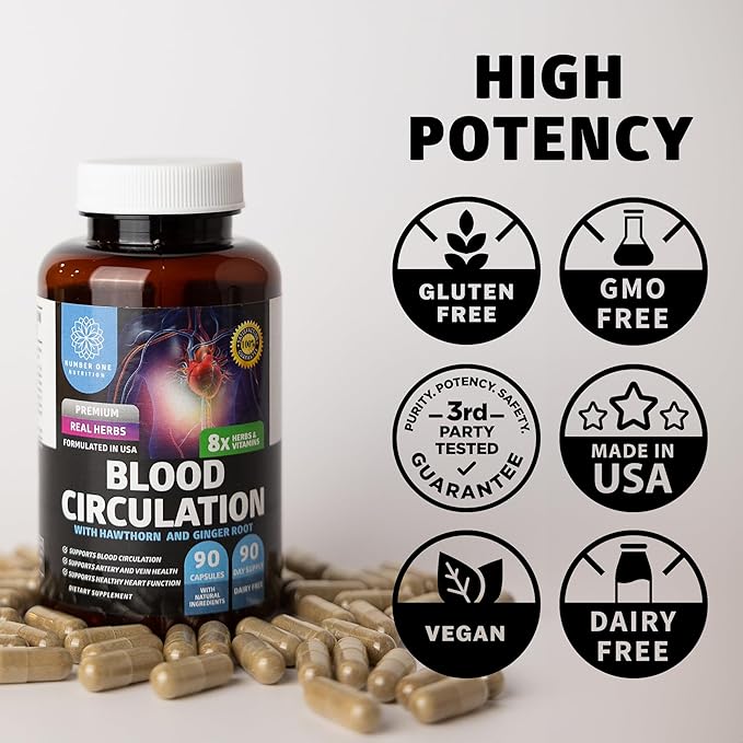 Number One Nutrition N1N Premium Blood Circulation Supplement with [8 Powerful Herbs &amp Vitamins] and Omega 3 6 9 + DHA Gummies 2 Pack Bundle