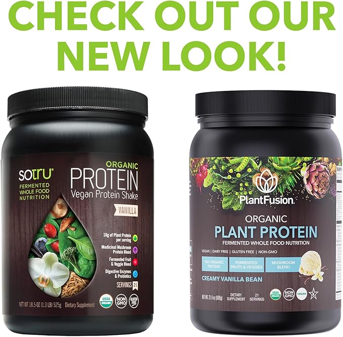 SOTRU Organic Vegan Protein Powder - Whole Food Plant Based Protein Powder with Green Superfoods Enzymes &amp Probiotics - USDA Certified Organic Non-GMO Gluten-Free - Vanilla 18.5 oz 21 Serving