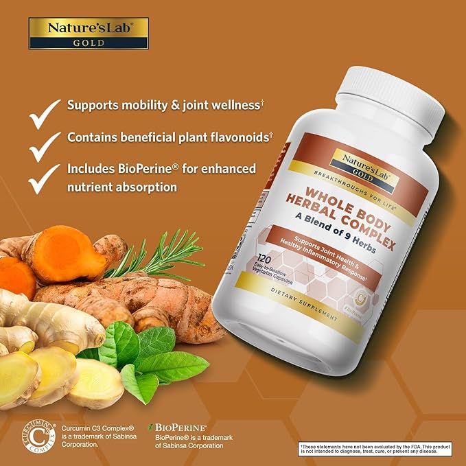 Nature's Lab Gold Whole Body Herbal Complex - Turmeric Boswellia Ginger Green Tea Rosemary - 120 Capsules (60 Day Supply)