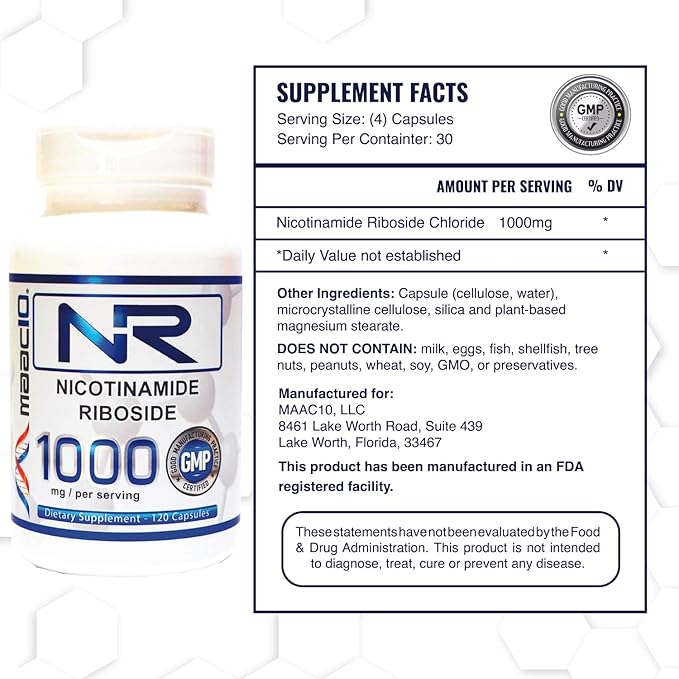 MAAC10 NR Nicotinamide Riboside 1000mg Serving | Third Party Lab Tested NAD+ Supplement | NMN Supplement Alternative.