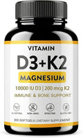 Vitamin D3 K2 Magnesium - Vitamin D3 10000 iu &amp K2（MK-7） 200 mcg+Magnesium Glycinate Supplement - Immune &amp Mood Support for Bone Sugar-Free Softgels 300 Softgels